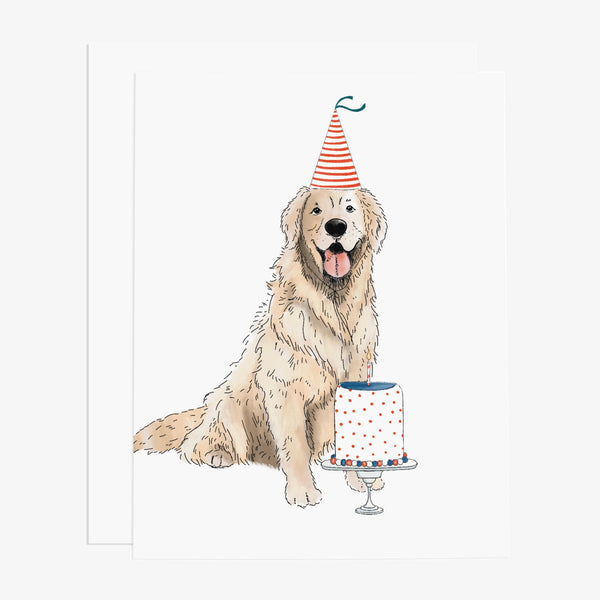Birthday card with illustrated Golden Retriever with cake and birthday hat on a white background