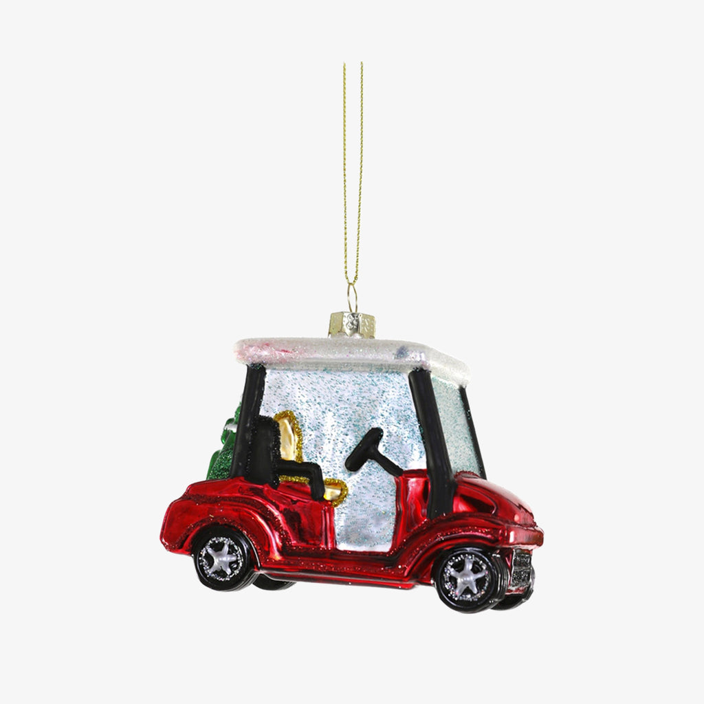 Red Cody Foster golf cart Christmas tree ornament on a white background