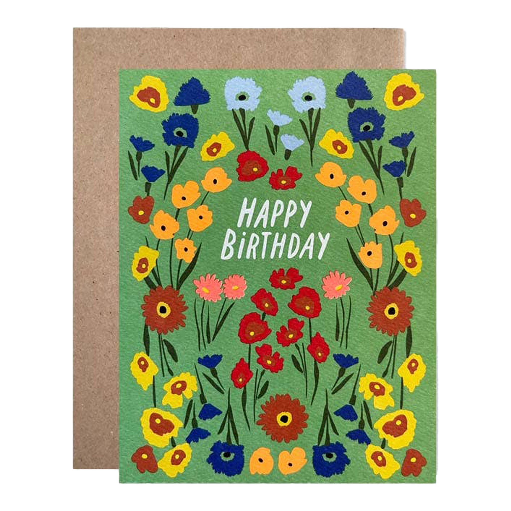Green Garden Happy Birthday Card with flowers and a brown envelope on a white background