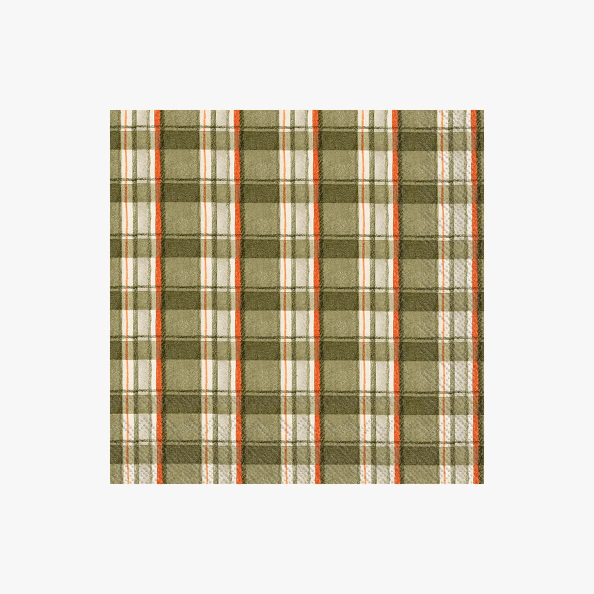 Plaid cocktail napkin with green, beige, and orange pattern on a white background