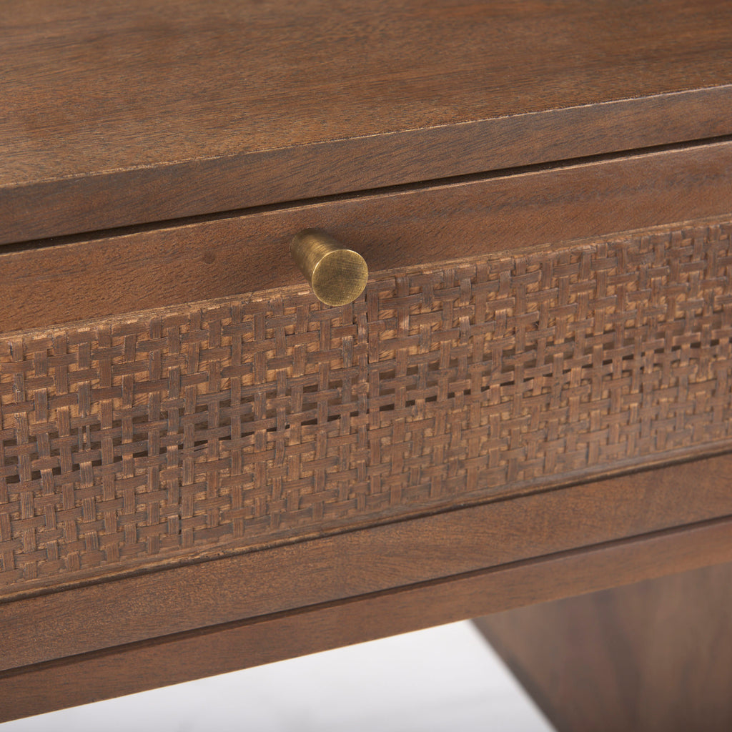 Close up of Grier Medium Brown Solid Wood with Cane Office Desk on a white background