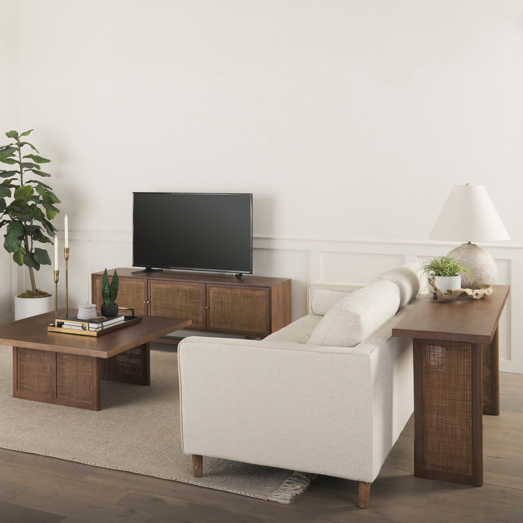 Grier Medium Brown Solid Wood with Cane Media Console in a  light and dark brown living room