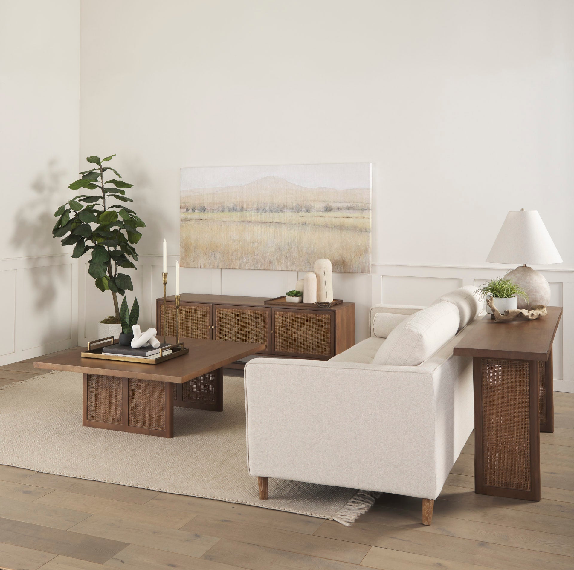 Grier Medium Brown Solid Wood with Cane Media Console in a light living room
