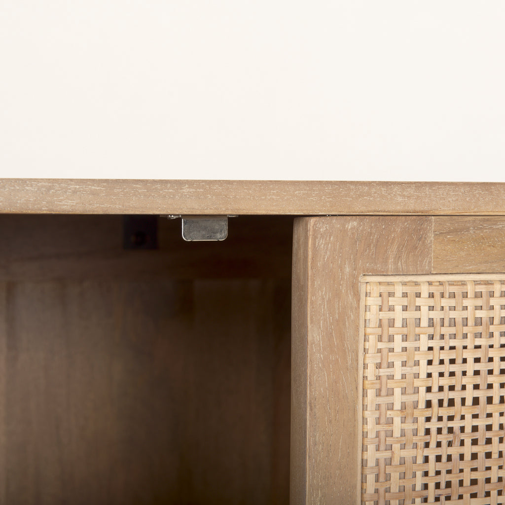 Close up of Grier Light Brown Solid Wood with Cane Sideboard on a white background