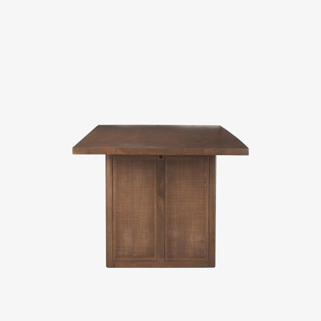 Mango wood Dining Table with two support legs in Dark Wash with Cane insets on base on a white background