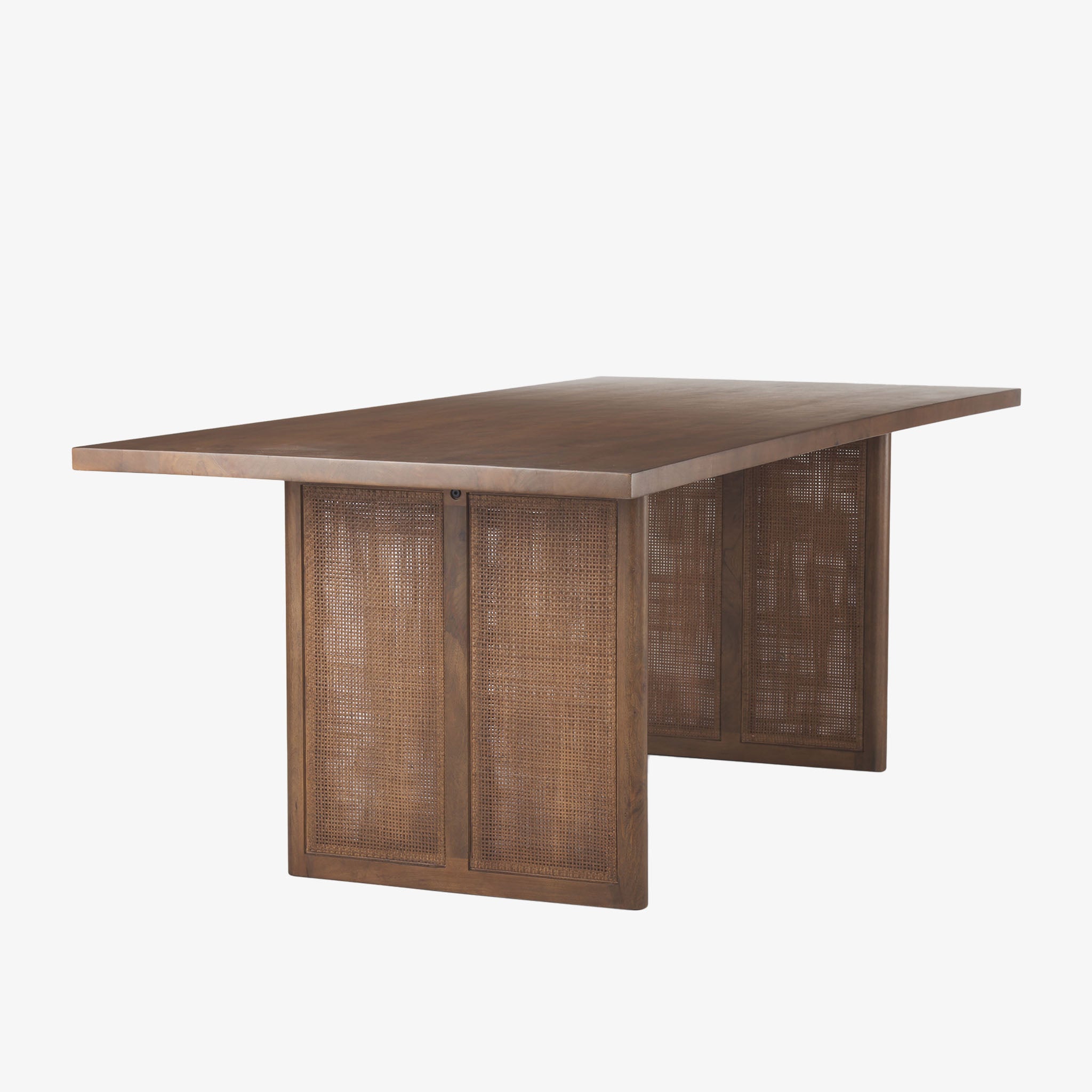 Mango wood Dining Table with two support legs in Dark Wash with Cane insets on base on a white background