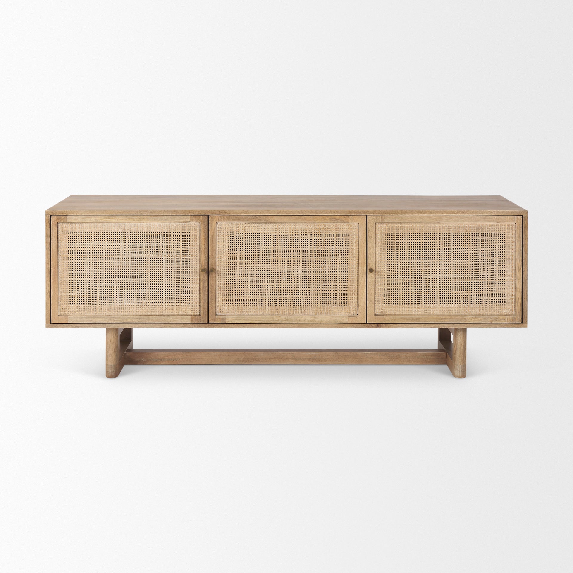 Grier Light Brown Solid Wood and Cane 3 Door Media Console on a white background