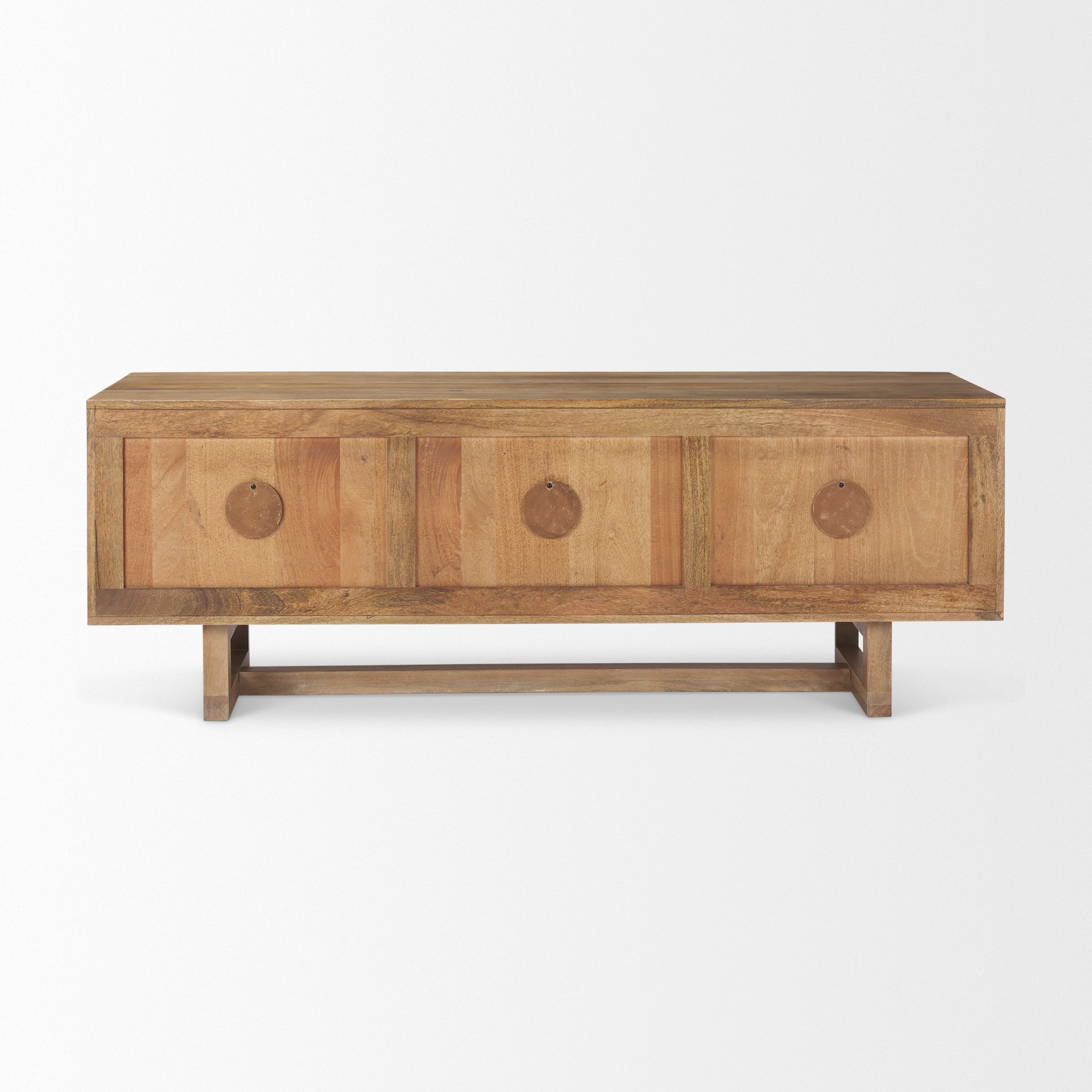 Grier Light Brown Solid Wood and Cane 3 Door Media Console on a white background