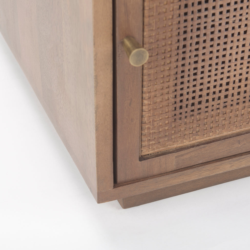 Close up of Grier Medium Brown Wood with Cane Accent Table on a white background