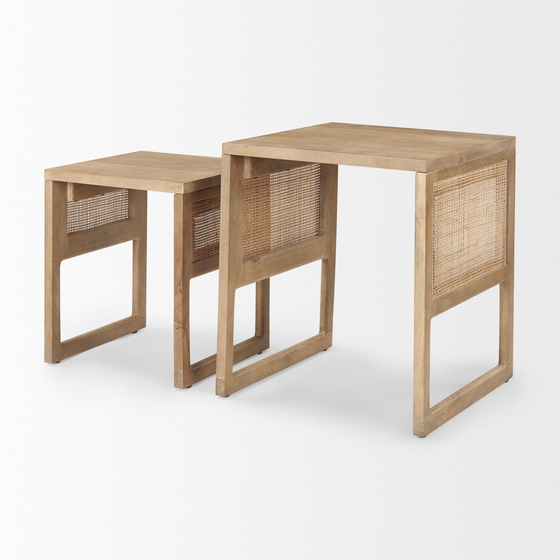 Grier Set of 2 Light Brown Solid Wood with Cane Nesting Accent Tables on a white background