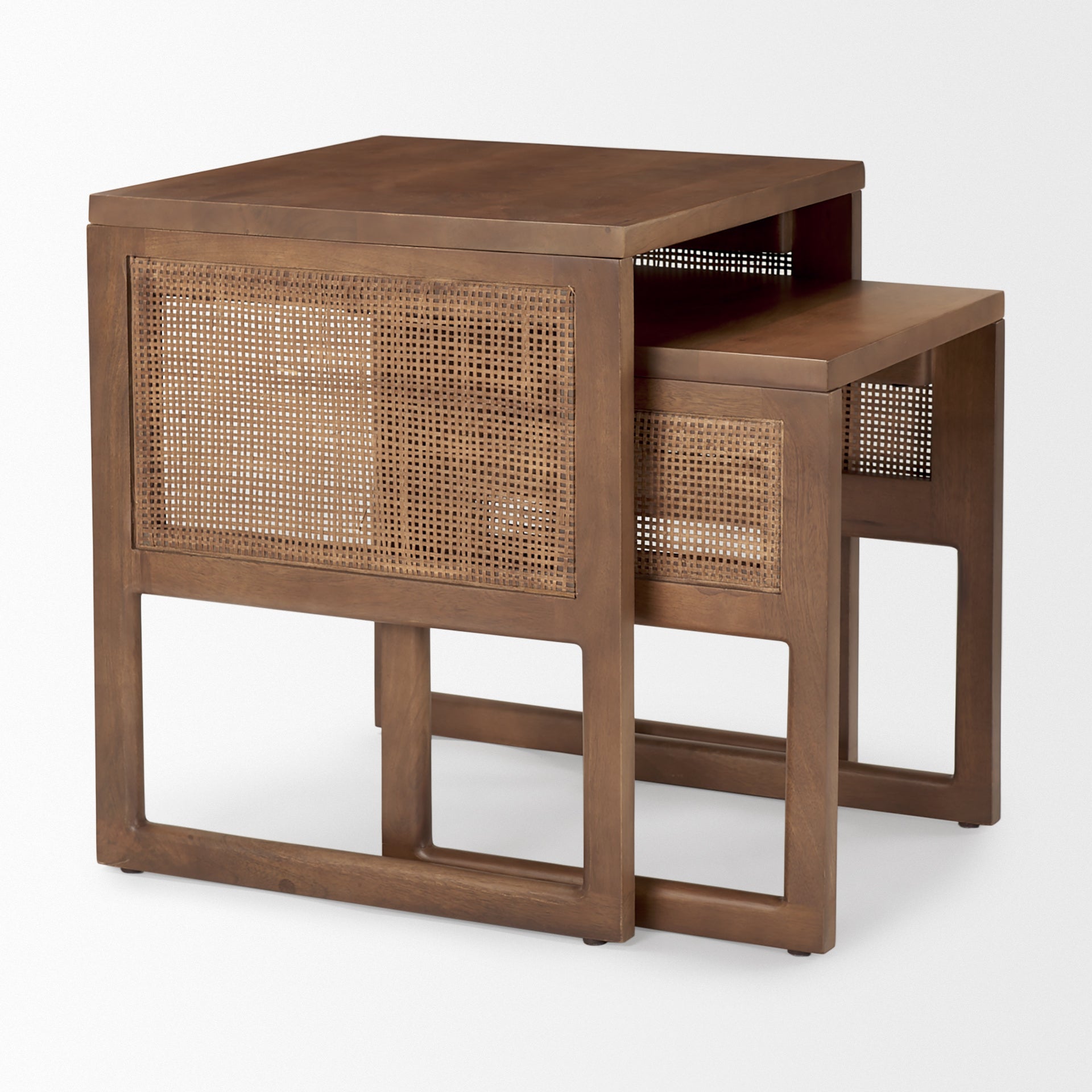 Grier Set of 2 Medium Brown Solid Wood with Cane Nesting Accent Tables on a white background