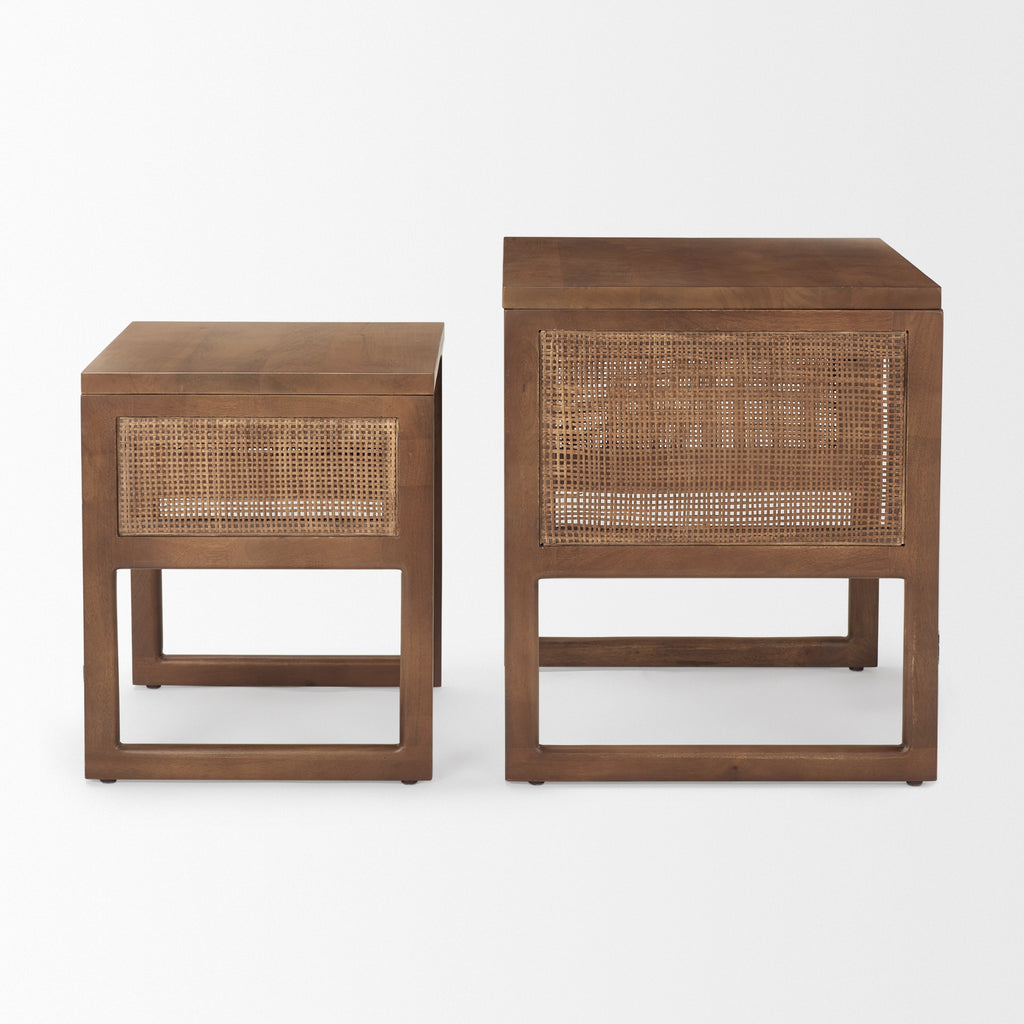 Grier Set of 2 Medium Brown Solid Wood with Cane Nesting Accent Tables on a white background
