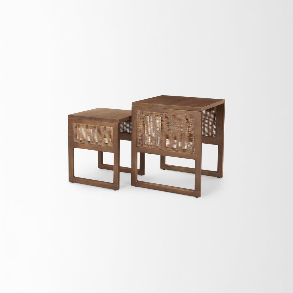 Set of 2 Solid Wood with Cane Nesting Accent Tables on a white background