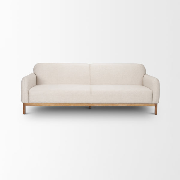 Hale Sofa W/ Medium Brown Wood and Oatmeal Fabric on a white background
