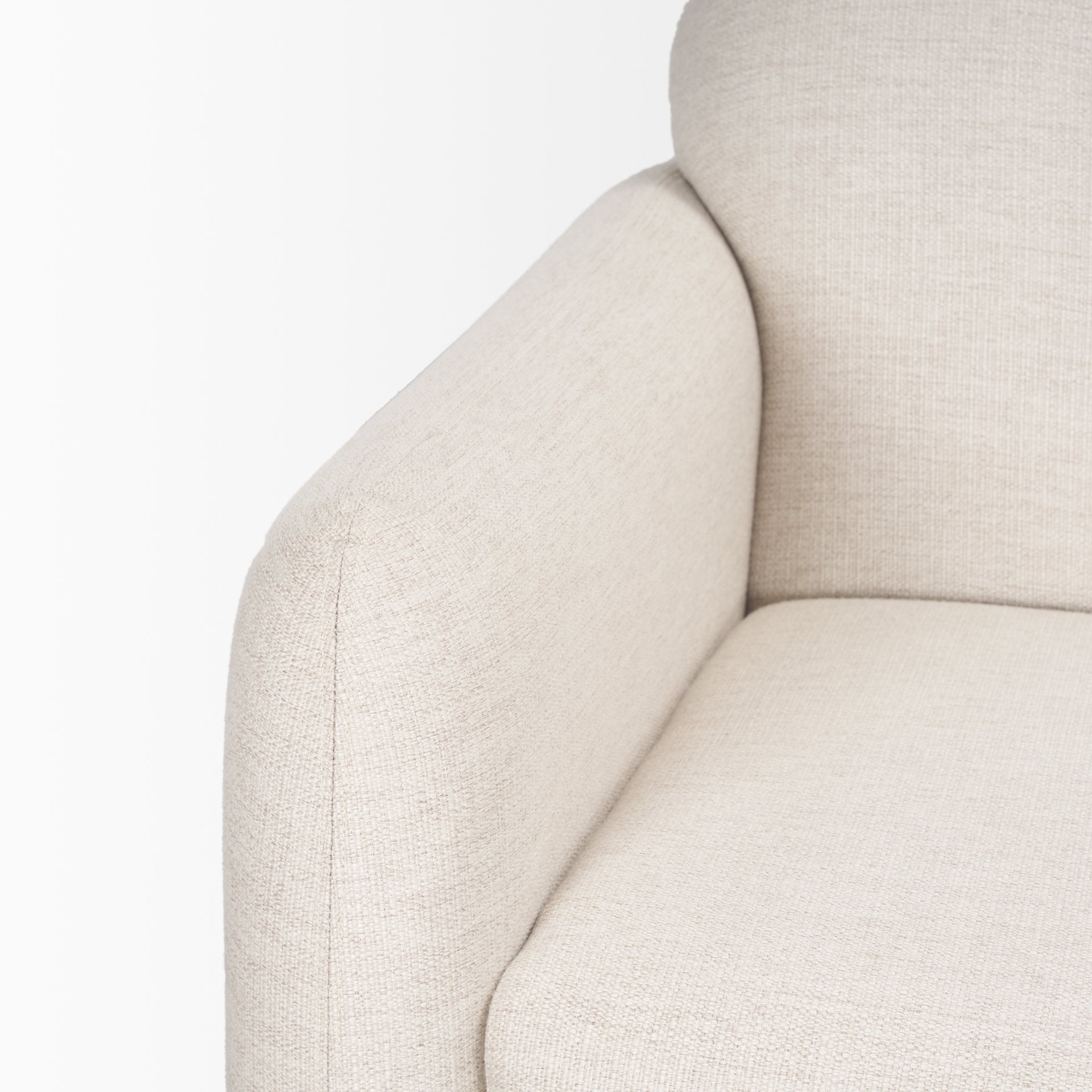 Close up of Hale Sofa W/ Medium Brown Wood and Oatmeal Fabric on a white background