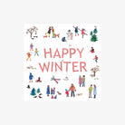 Cocktail napkin with Illustrations of people enjoying winter activities with 'Happy Winter' text on a white background