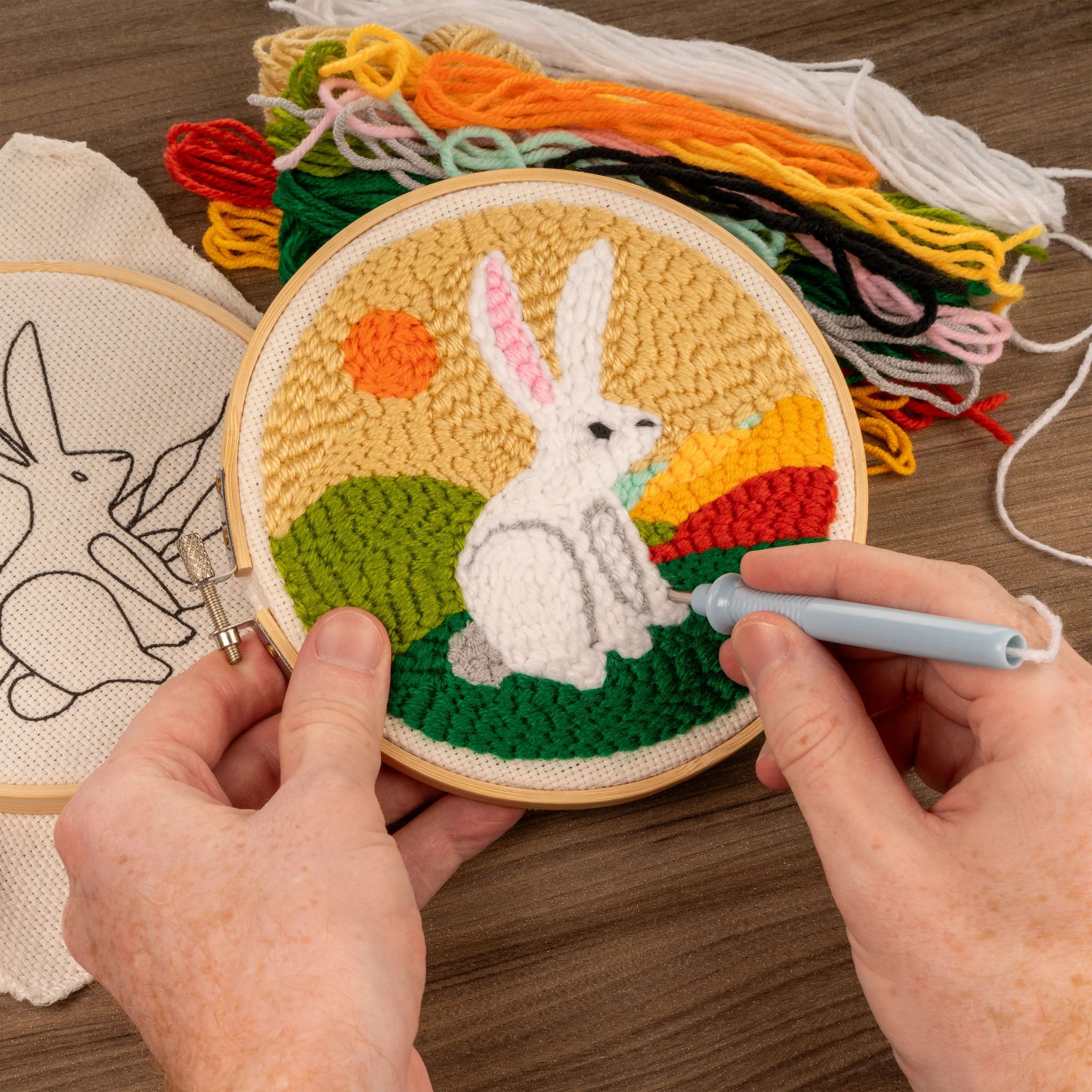 Hare Punch Needle Kit on a wood table at Addison West
