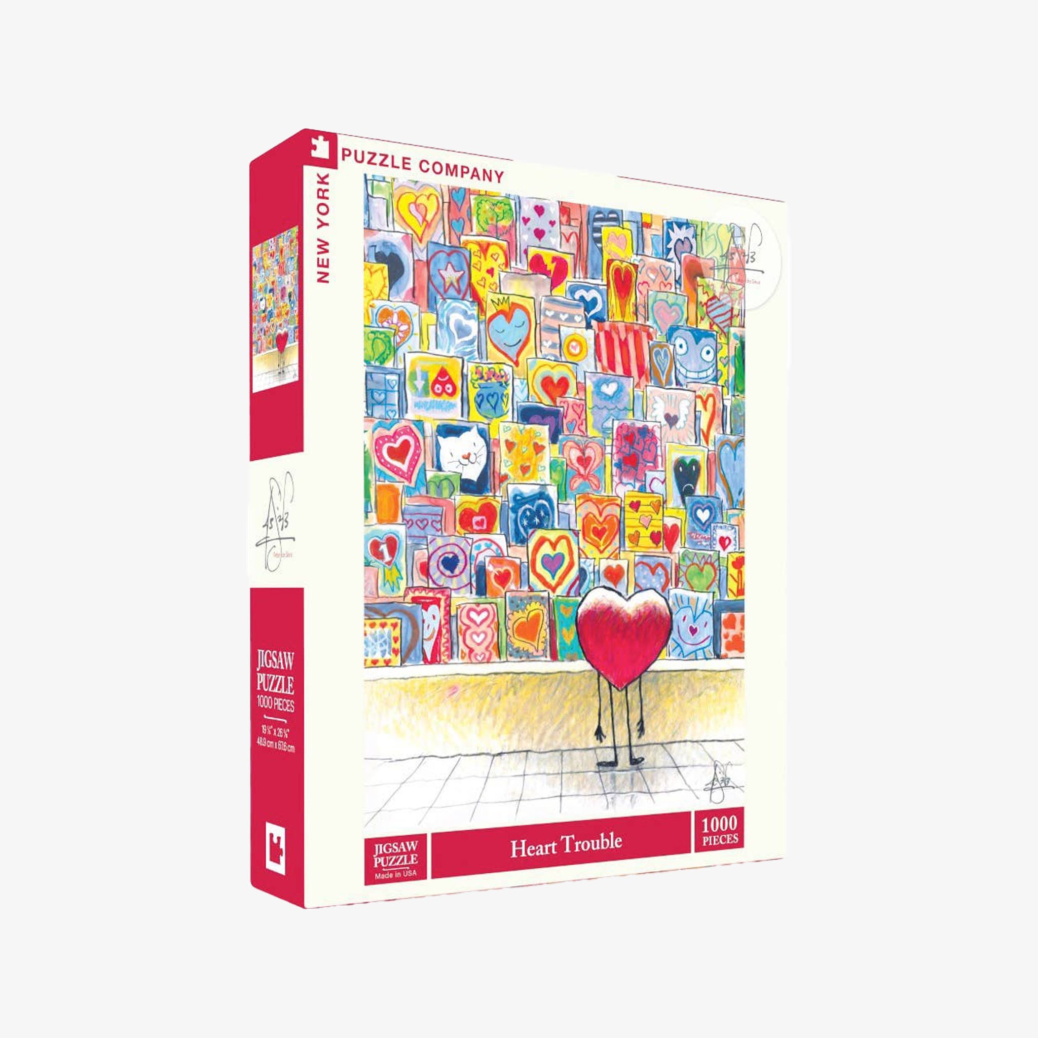 Jigsaw puzzle box with colorful heart-themed design on a white background