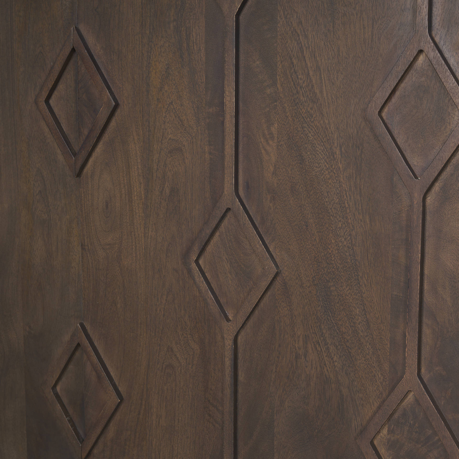 Close up of Heera Dark Brown Diamond Motif with Shelf Accent Cabinet on a white background