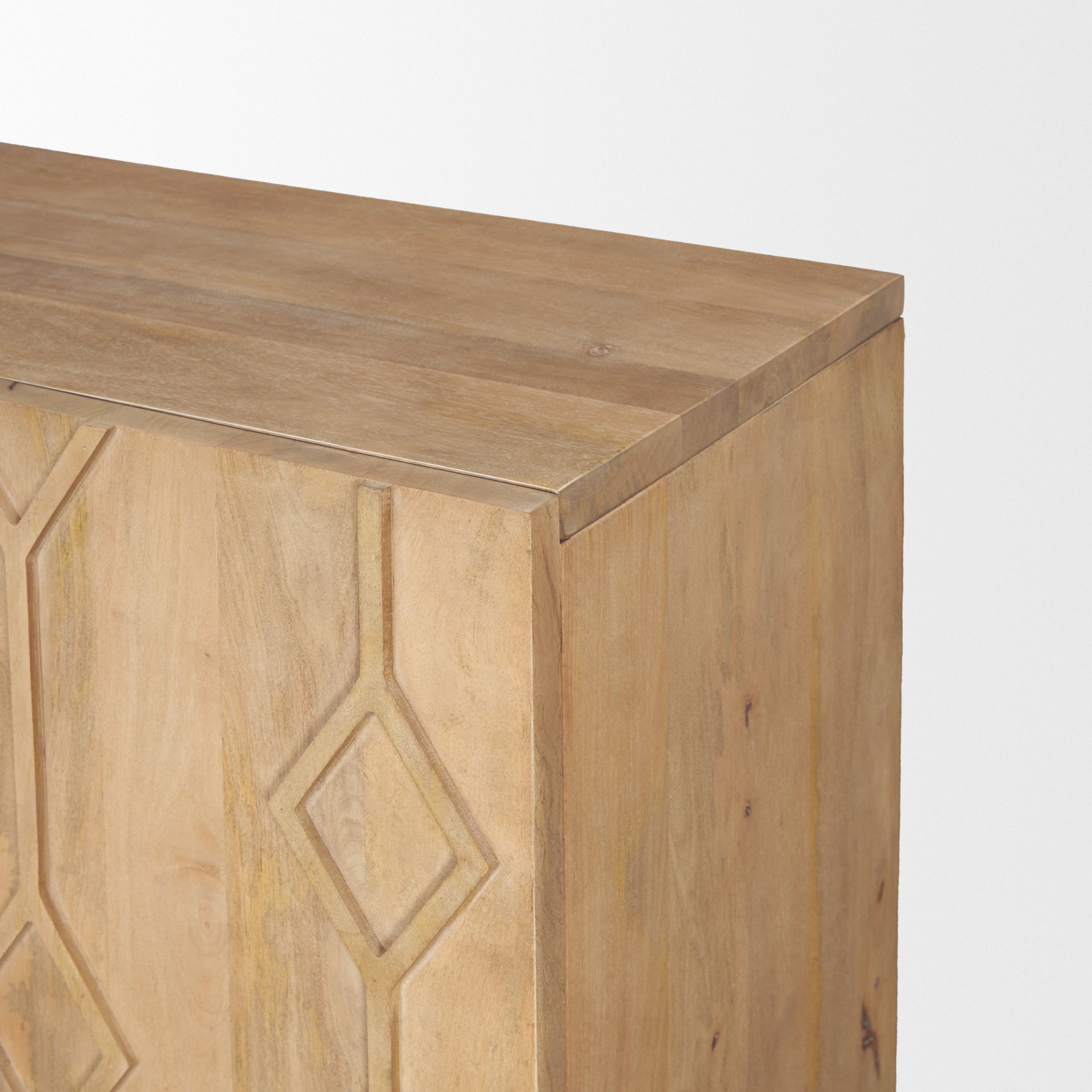 Close up of Heera Light Brown Diamond Motif with Shelf Accent Cabinet on a white background