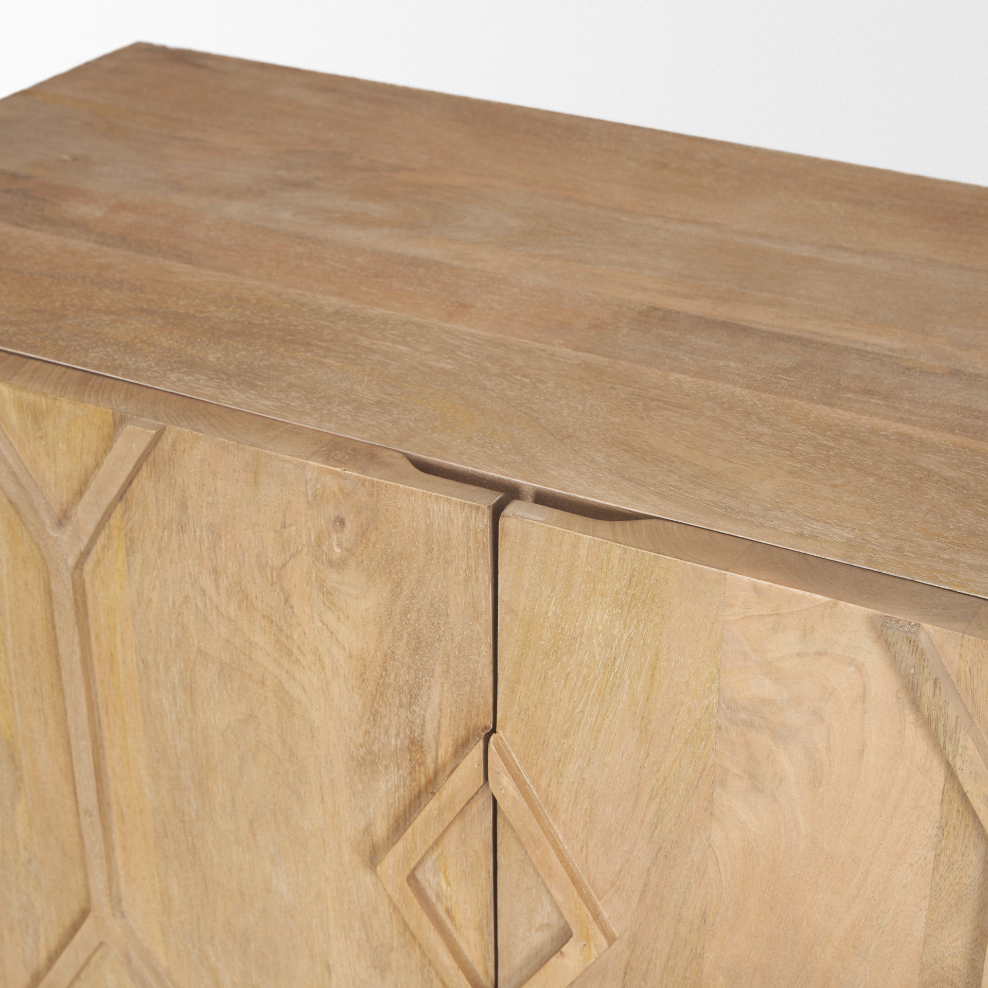 Close up of Heera Light Brown Diamond Motif with Shelf Accent Cabinet on a white background