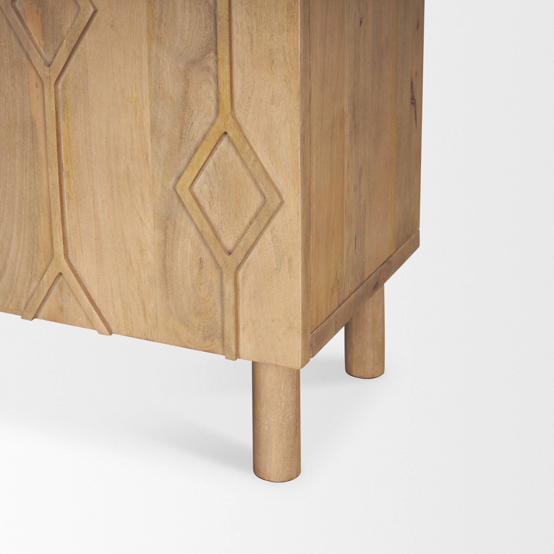 Close up of Heera Light Brown Diamond Motif with Shelf Accent Cabinet on a white background