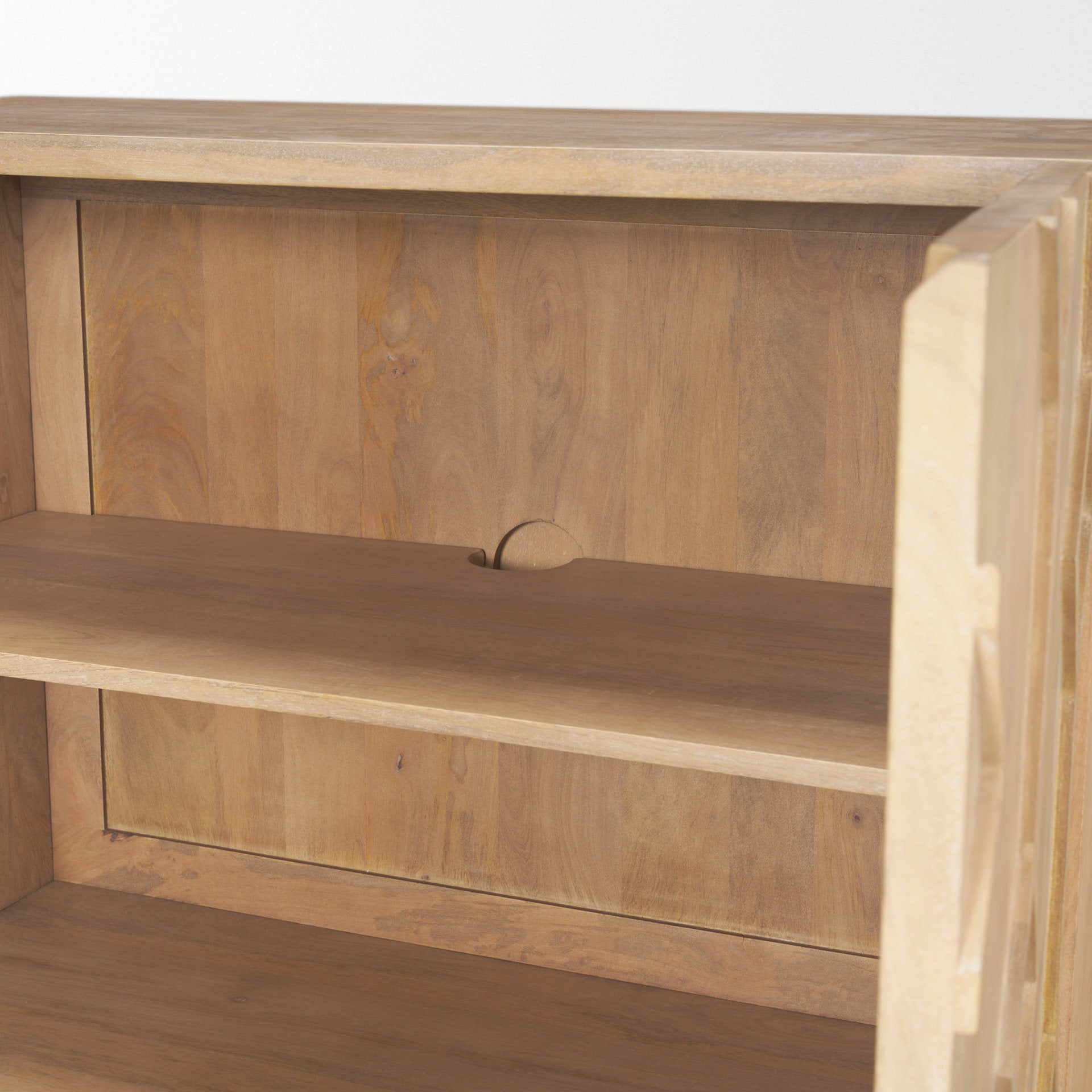 Close up of Heera Light Brown Diamond Motif with Shelf Accent Cabinet on a white background