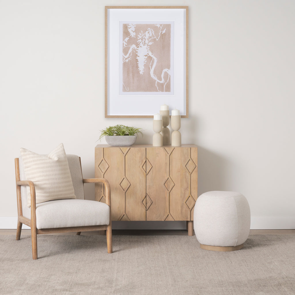 Heera Light Brown Diamond Motif with Shelf Accent Cabinet in a light and minimalist living room