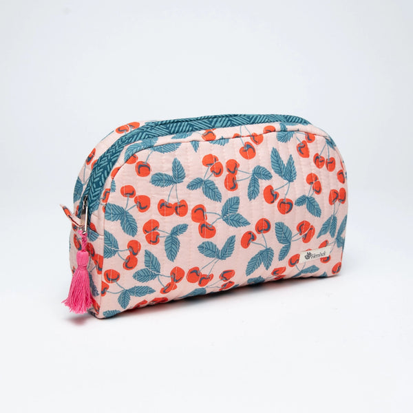 Cosmetic pouch with Cherry pattern and blue accents on a white background