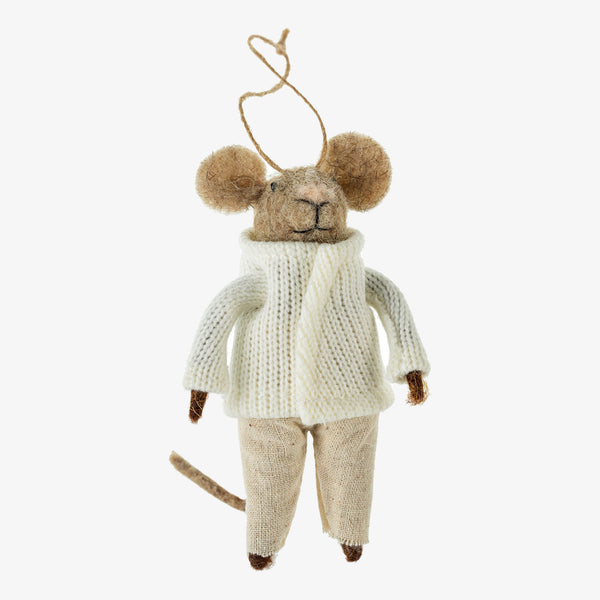 Indaba brand 'hibernal harrison' felted mouse ornament with white knit sweater and creme pants on a white background