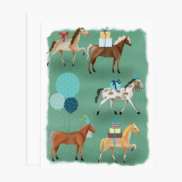 Watercolor illustrated greeting cards with horses and gifts and balloons on a white background