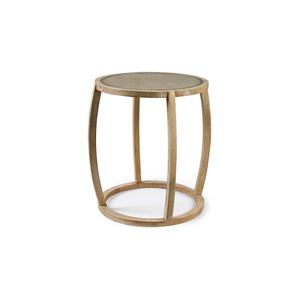 Hubbard 22"W Light Brown Mango Wood Round Top with Glass Accent Table on a white background