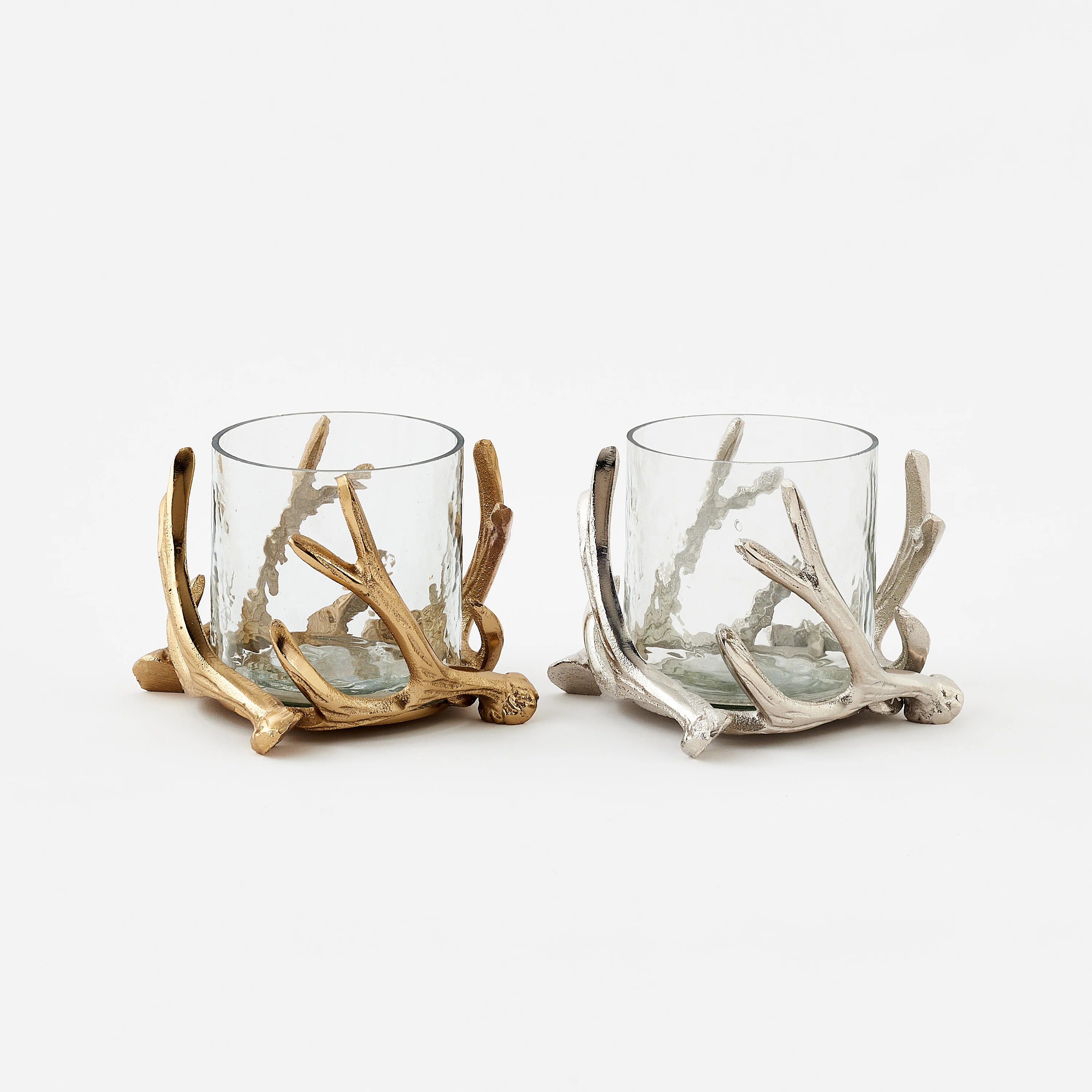 Antler Candle Holder in gold and nickle on a white background at Addison West
