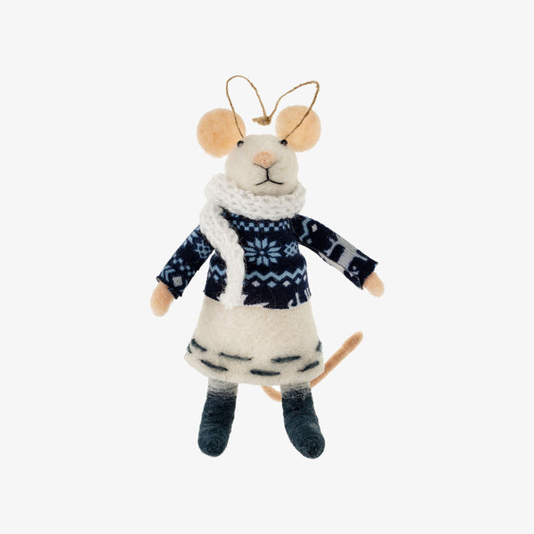 Indaba brand 'Icelandic Isla' felted mouse ornament with Icelandic knit sweater and white skirt on a white background