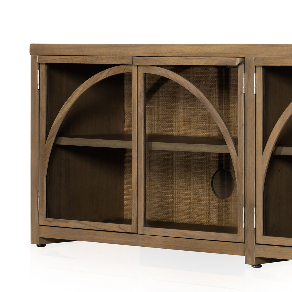 Four Hands Ilana Media Console with glass front and arched wood accent  in Burnished Mindi