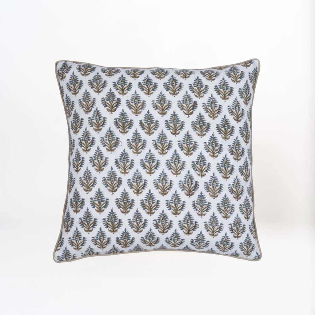 Filling spaces brand 'Iris Newport' print square throw pillow on a white background