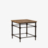 Square end table with black iron legs and wood inlay top on a white background