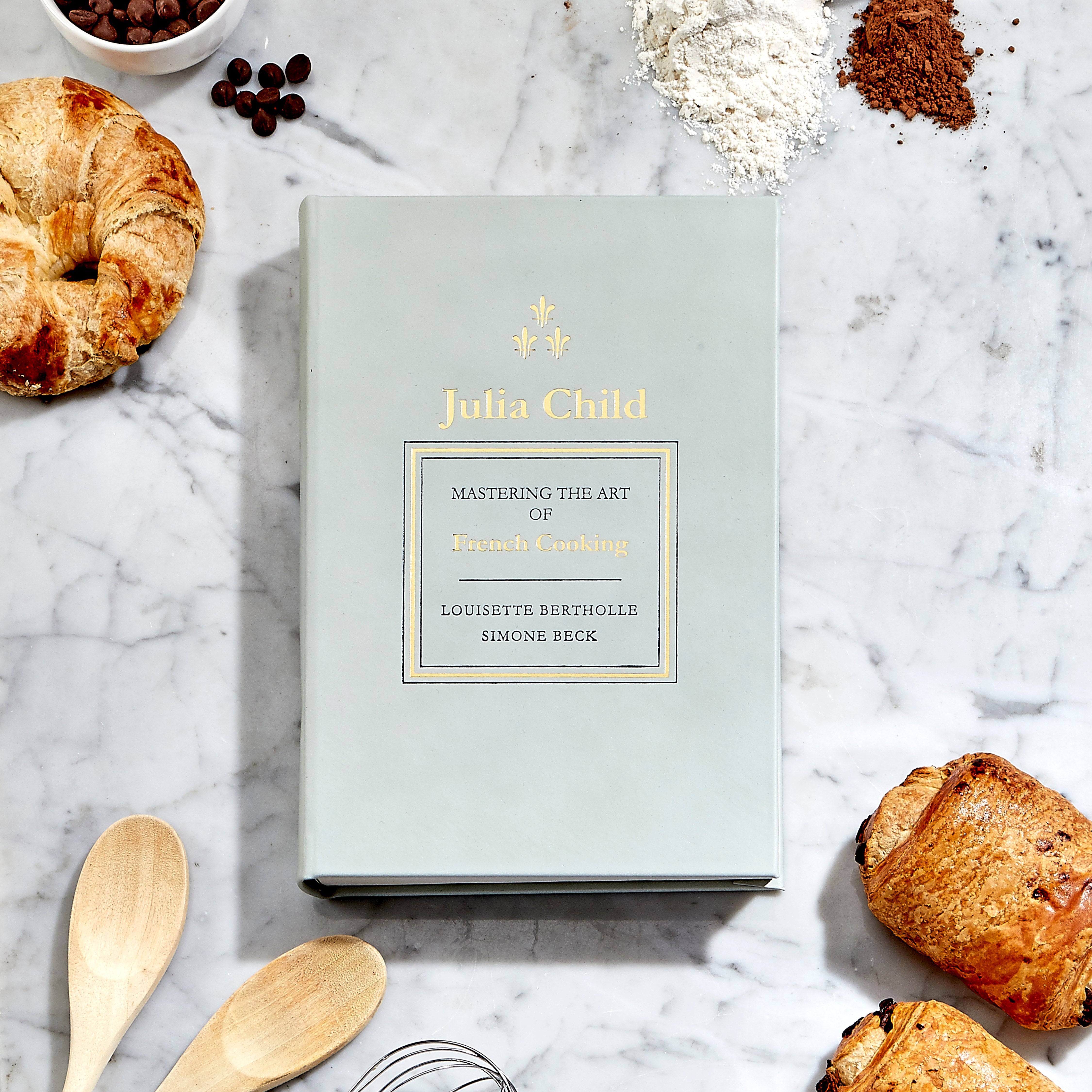 Julia Child's Mastering the Art of French Cooking Leather Bound Edition on kitchen counter at Addison West.