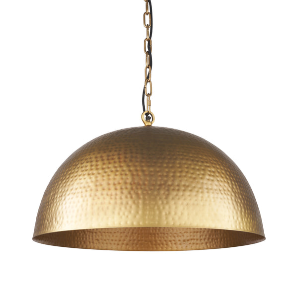 Karina 24" Round Brass-tone Hammered Metal Dome Pendant Light on a white background