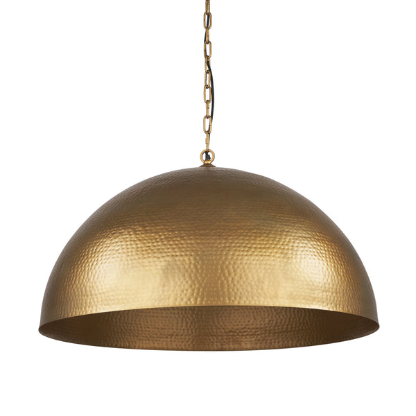 Karina 36" Round Brass-tone Hammered Metal Dome Pendant Light on a white background