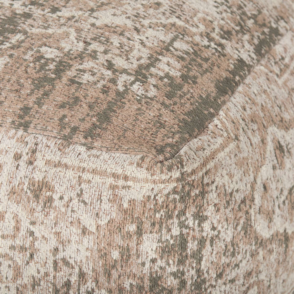Close up of Khloe large square Taupe jacquard cotton woven chenille Pouf in taupe 