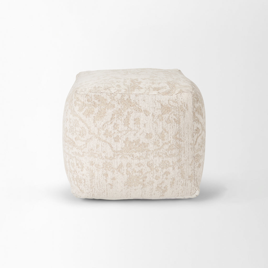 Khloe Small Taupe jacquard cotton woven chenille Pouf in cream on a white background