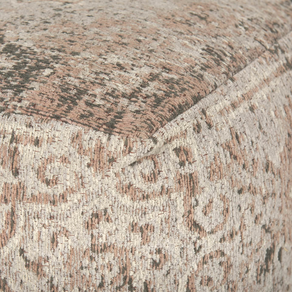Close up of Khloe Small Taupe jacquard cotton woven chenille Pouf in taupe