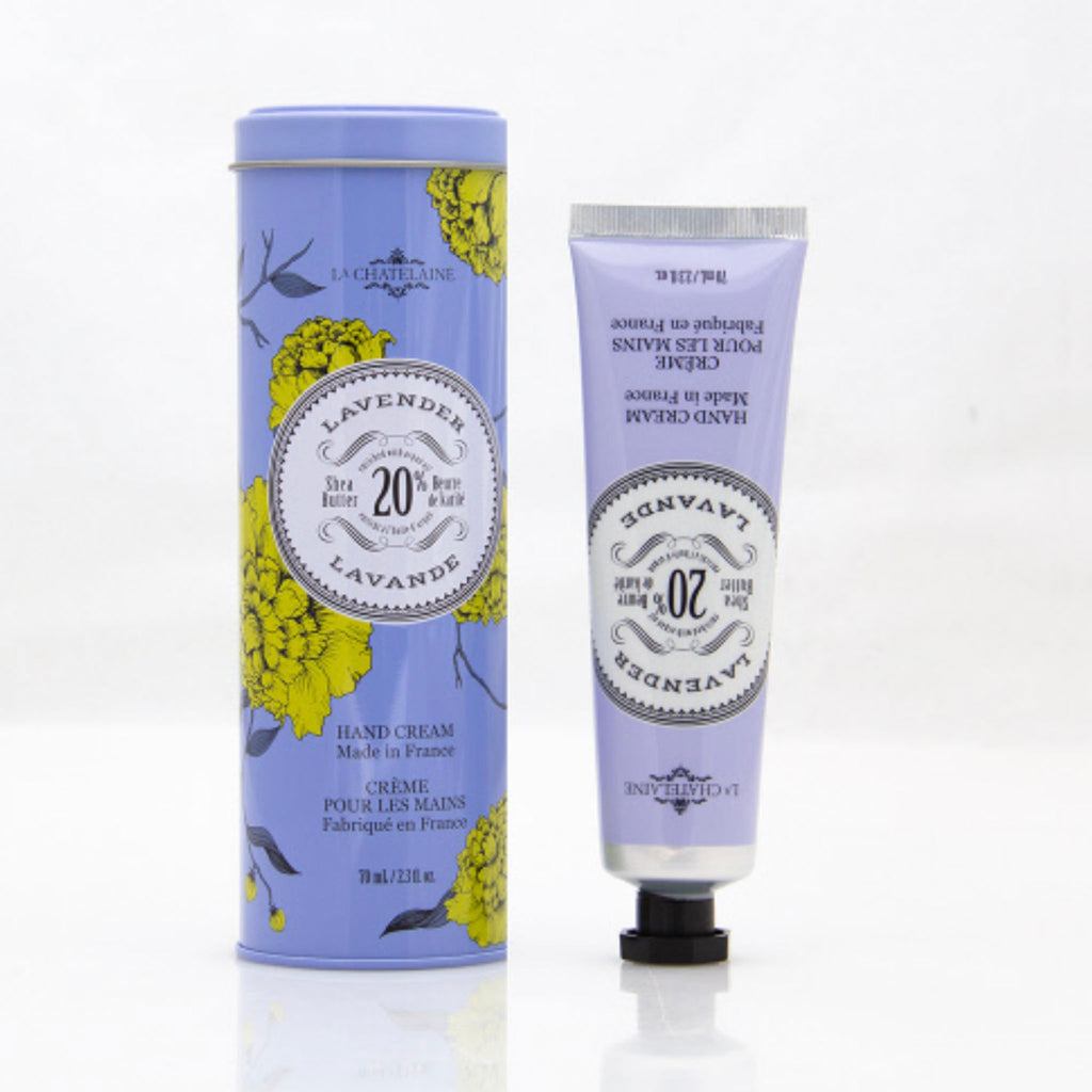 La Chatelaine Lavender Hand Cream with purple tube can on a white background