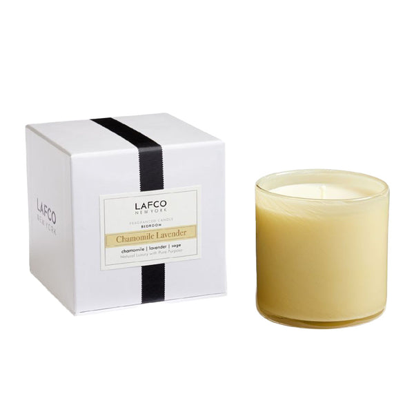 Lafco Chamomile Lavendar Signature Candle and white box with black ribbon on a white background