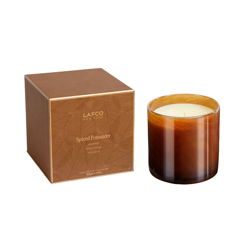Brown box and candle of Lafco Spiced Pomander Signature Candle on a white background