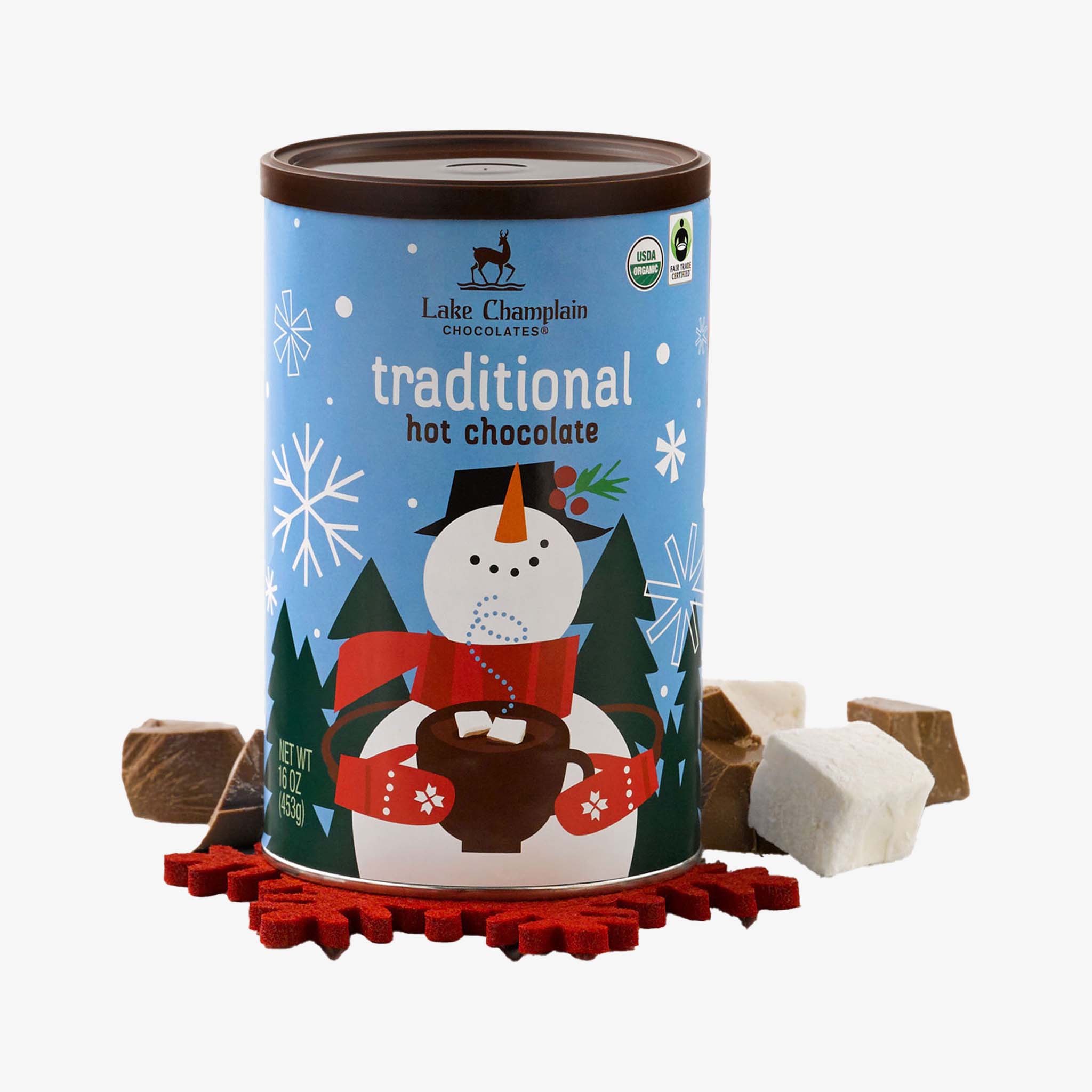 Lake Champlain Chocolates traditional hot chocolate canister with snowman design on a white background