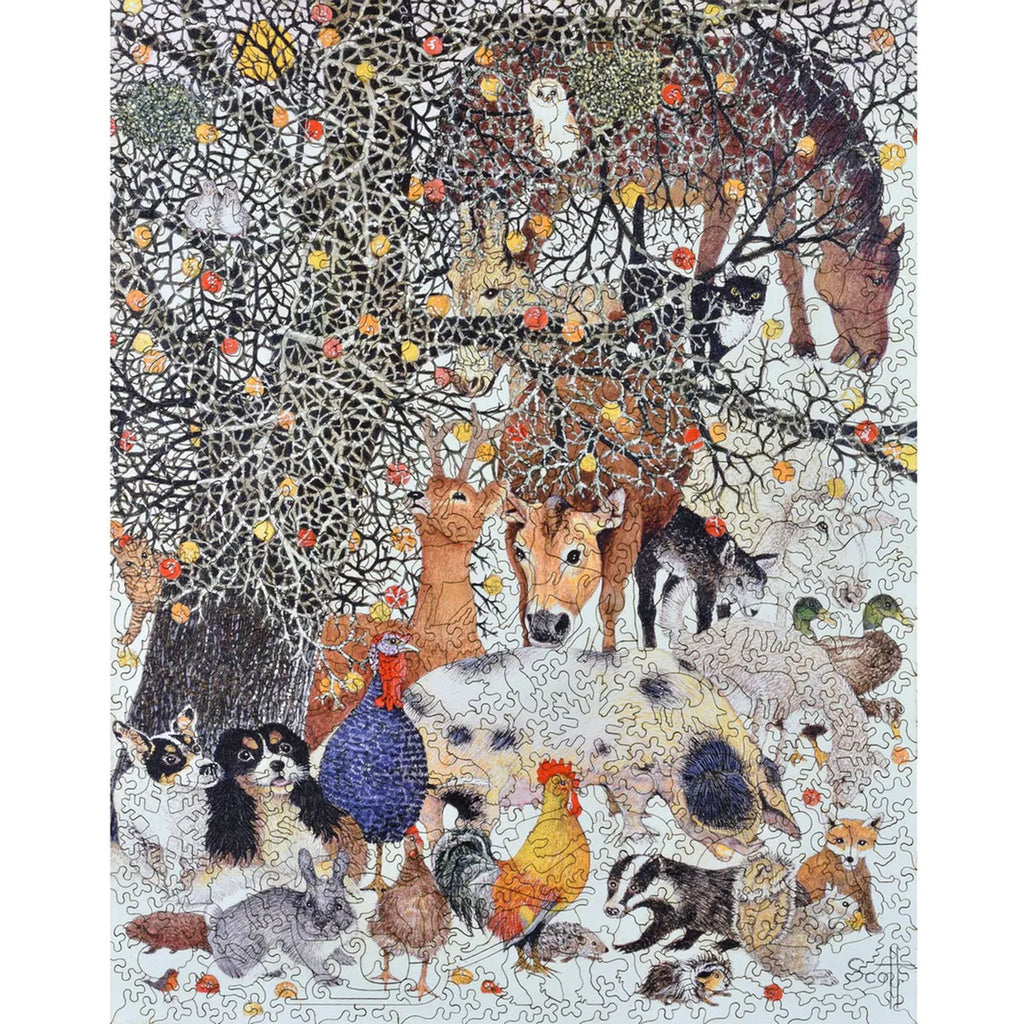 Liberty puzzle of many animals eating under a tree in the snow