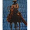 Puzzle with rider on horse in front of a blue background with sillouhette repeated