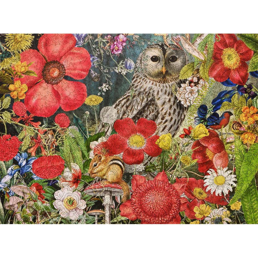 Liberty Puzzles Owl with Woodland Flowers and big colorful blooms with a small chipmunk in front